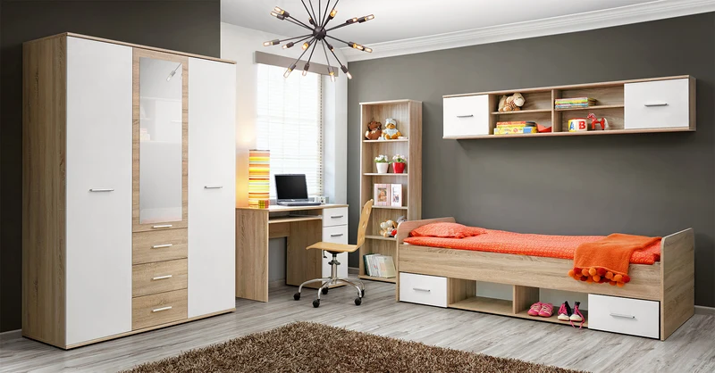 Amabel - Cameretta completa moderna con scrivania e letto con cassetti