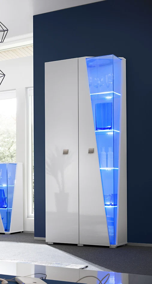 Cora - Mobile vetrina moderna bianco lucido ripiani interni con luci a led blu cm 70x40x200h