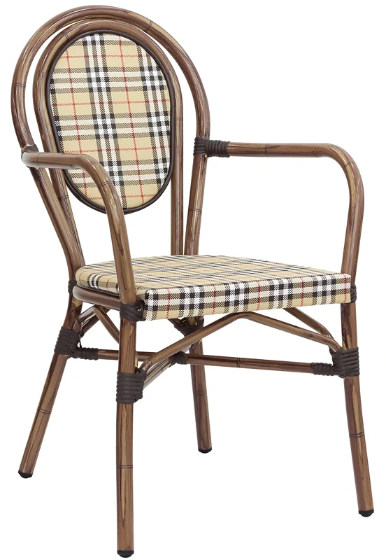 Set da 2 Poltroncina da esterno effetto bambù con schienale tondo e tessuto scozzese cm 39x42x88h