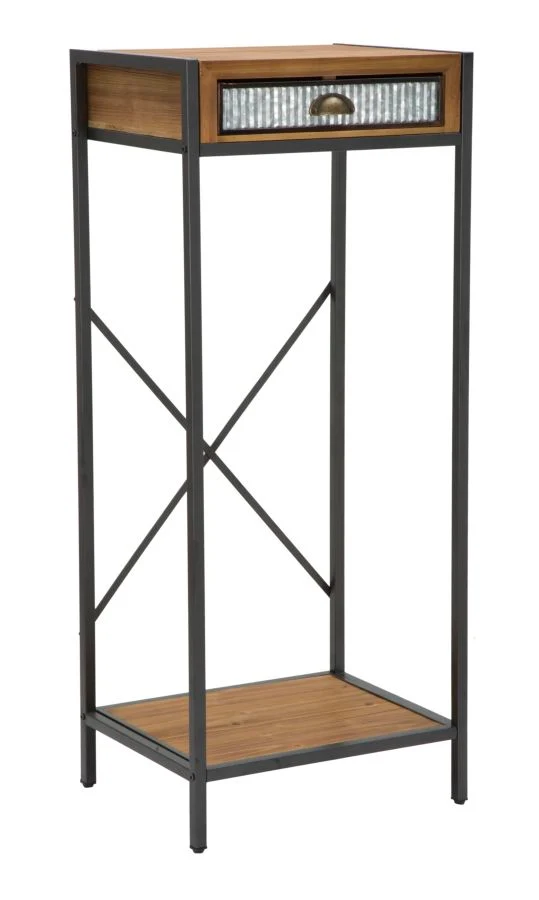 Colonnina porta telefono alto con cassetto in legno e ferro stile industriale cm 50x40x121h