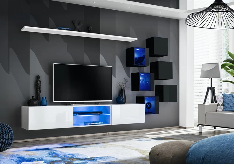Chiarina - Parete soggiorno attrezzata con base tv e vetrinette con luci a led - vari colori