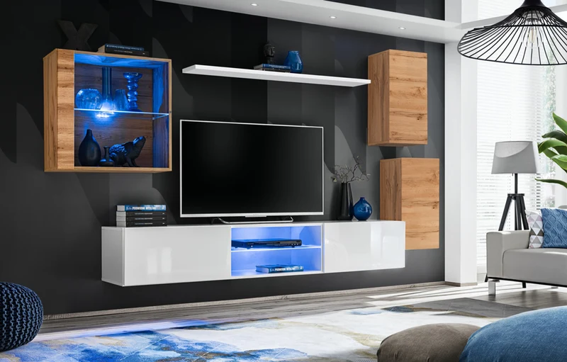 Bonaria - Soggiorno a parete pensili porta tv e vetrinetta - vari colori
