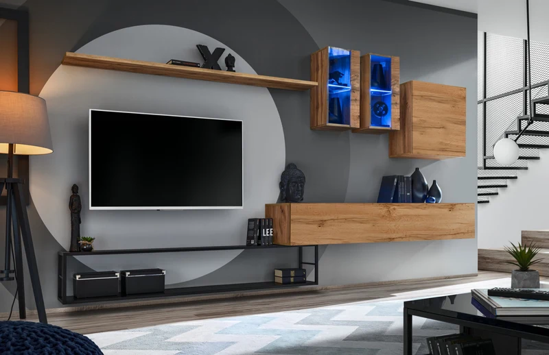 Idiana - Parete soggiorno moderna in metallo e legno con luci a led - vari colori