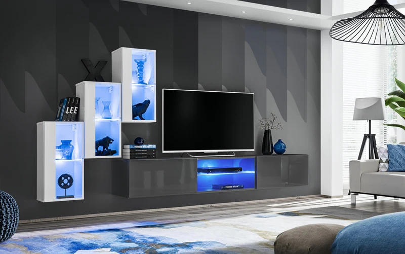 Germina - Soggiorno a parete design moderno pensili e vetrine con luci - vari colori