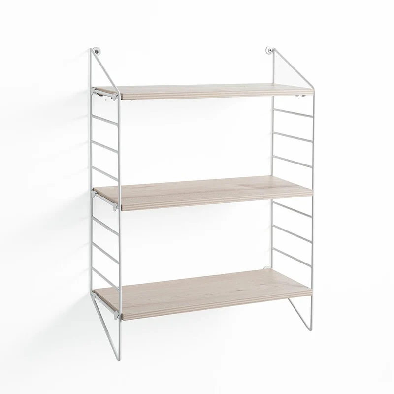 Mensola da parete moderna in legno finitura rovere e metallo bianco lucido cm 40x16x56h