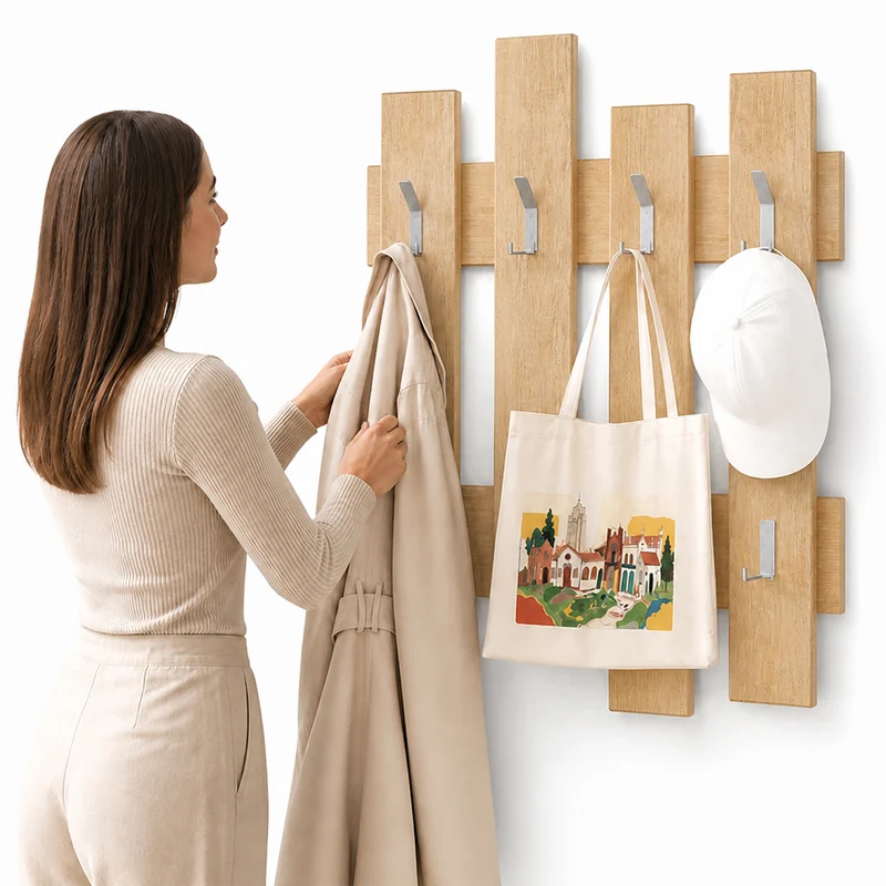 Appendiabiti da Muro Attaccapanni Montaggio a Parete H79xl64xP4 cm Quercia