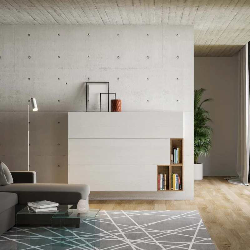Fausto - Parete moderna per living ingresso sospesa in legno bianco e quercia