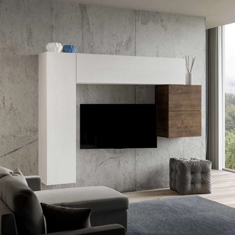 Itria - Soggiorno parete moderna componibile in legno noce e bianco