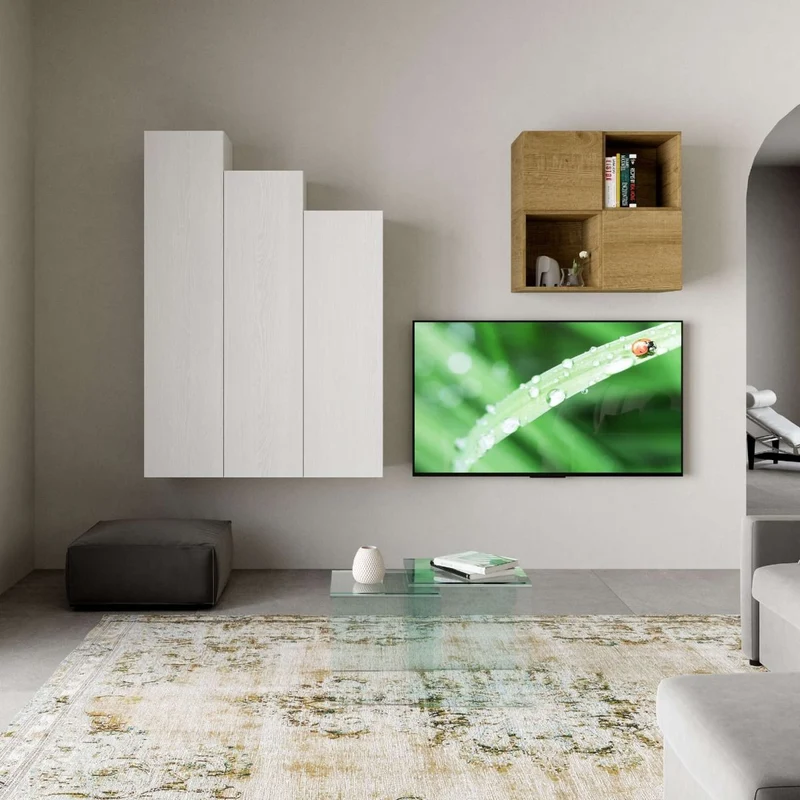 Romilde - Parete design per living componibile in legno bianco e quercia