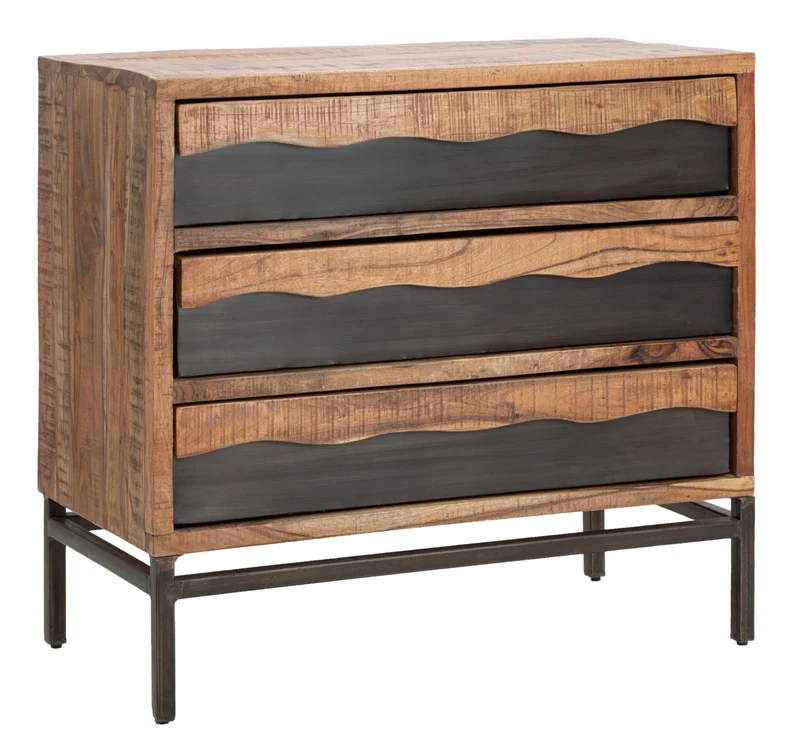 Comò in legno di acacia 3 cassetti con inserti in metallo stile industriale cm 88x45x80h