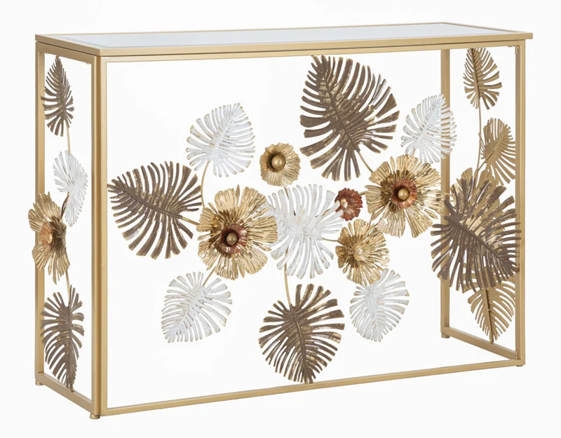 Consolle da ingresso in metallo dorato con fiori in 3D cm 113x40x80h