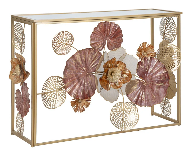 Consolle moderna in metallo con fiori in 3D colore oro e rosso cm 114x41x80h