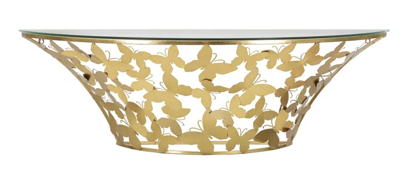 Consolle sospesa moderna in metallo dorato e vetro con farfalle cm 120x40x37h