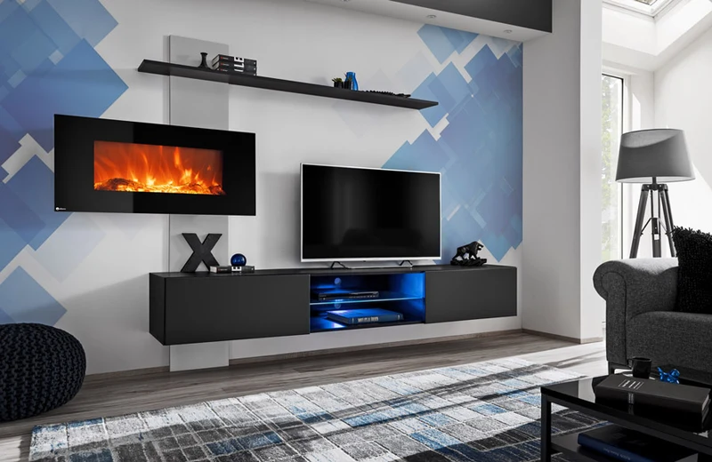 Zago - Parete da soggiorno sospesa con caminetto elettrico e porta tv colore nero