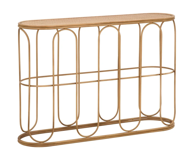 Consolle da ingresso ovale in metallo e rattan stile country cm 110x32x77h