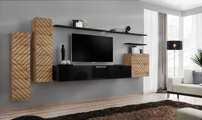 Amonet - Parete componibile sospesa pensili nero e quercia con linee incise - vari colori