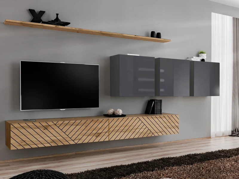 Retib - Parete soggiorno antracite e quercia con decorazione geometrica - vari colori