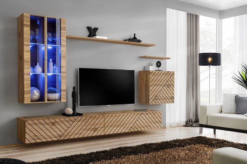 Azham - Parete design soggiorno con vetrine colore quercia con decorazione
