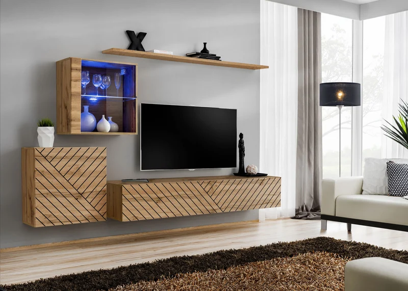 Hais - Parete soggiorno con vetrinette colore quercia decorata con linee nere