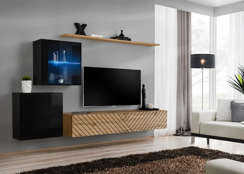 Joara - Parete moderna decorata pensili e vetrinetta con illuminazione - vari colori