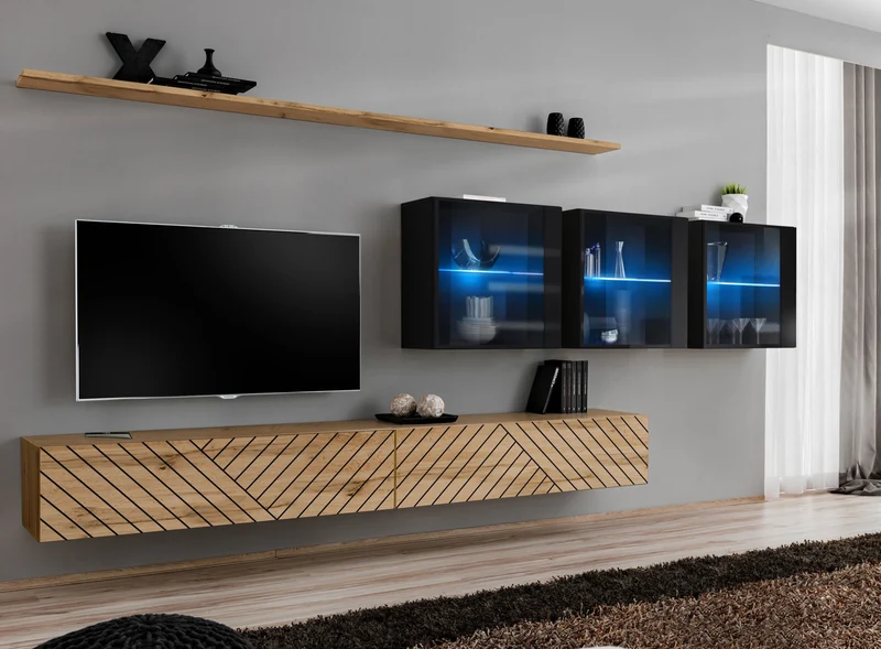 Ekel - Parete sospesa da soggiorno quercia decorata e vetrine con luci blu - vari colori