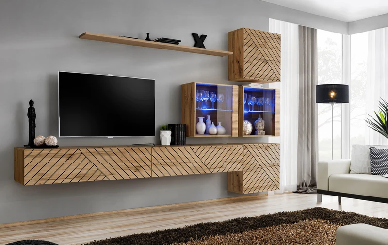 Monab - Soggiorno a parete moderna pensili e vetrinette colore quercia decorata