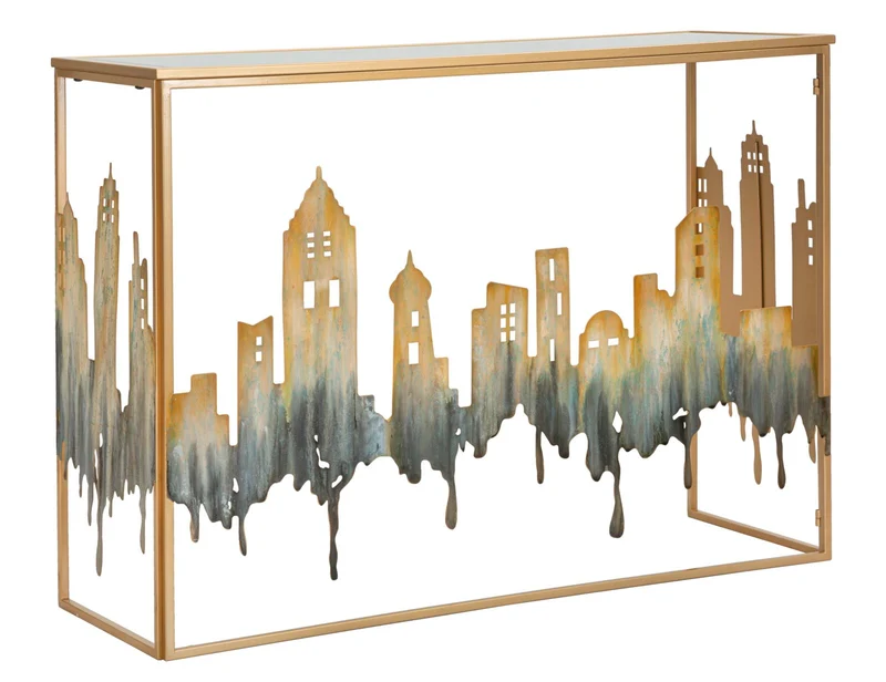 Consolle design in metallo piano con specchio modello città cm 110x38x81h