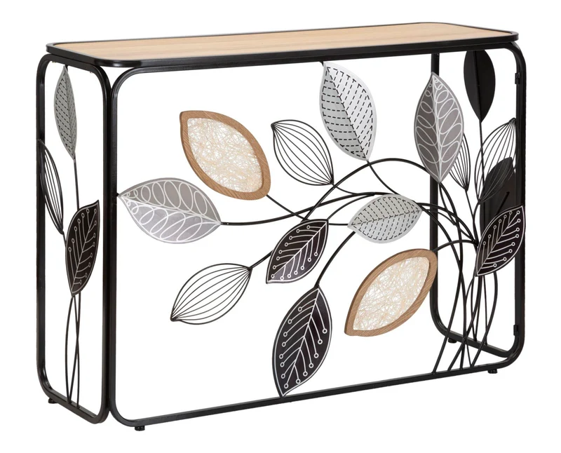 Consolle design in metallo nero decorata con foglie in legno e metallo cm 108x36x80h