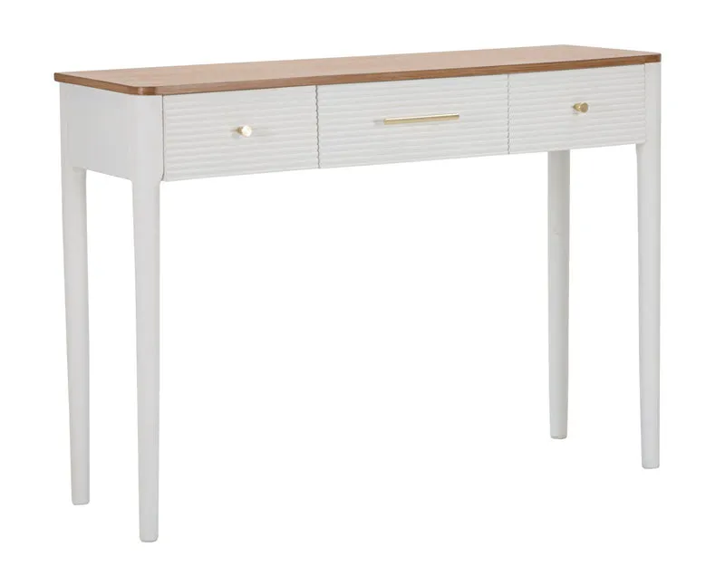 Consolle in legno bianco 3 cassetti piano naturale dettagli oro cm 107x37x80h