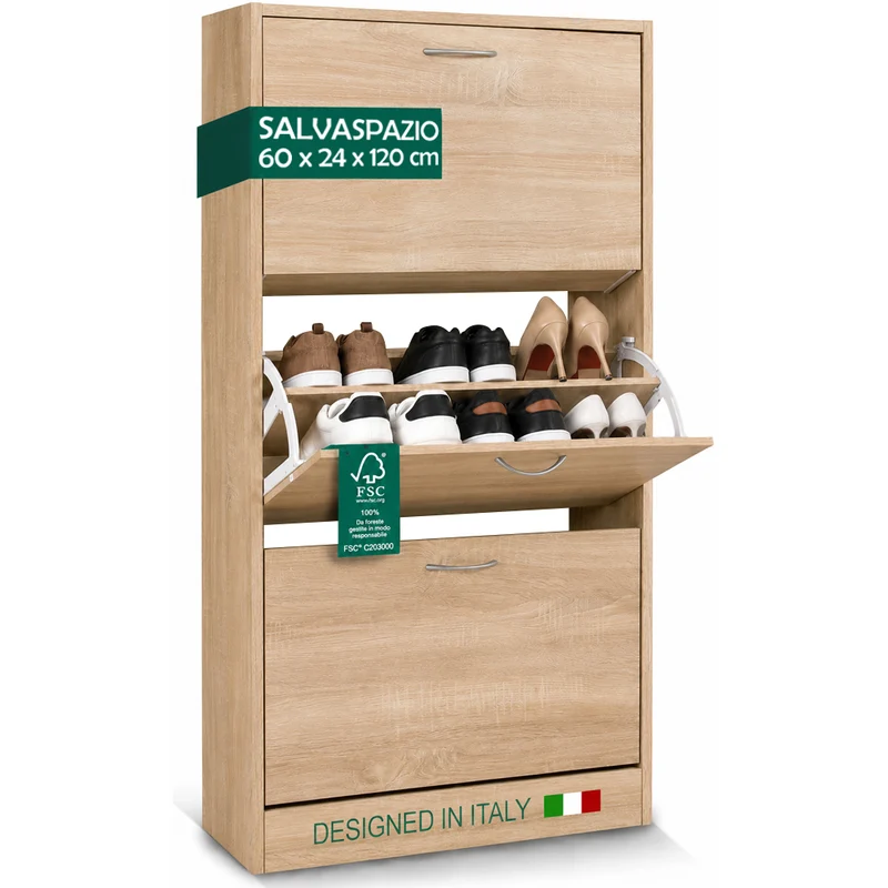 Scarpiera 3 Ante Ripiani Doppia Profondita in Melamina 60x24x120cm Colore Beige