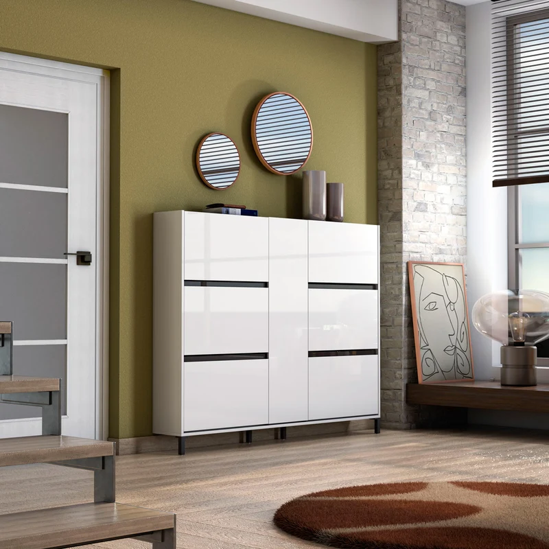 Scarpiera a muro 6 ante a ribalta 1 anta semplice colore bianco lucido cm 169x25x136h