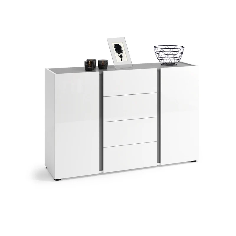 Credenza moderna 2 ante 4 cassetti laccato bianco inserto antracite cm 140x38x92h