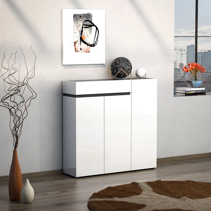 Mobile scarpiera moderna 3 ante e cassetto bianco lucido e ardesia cm 120x34x118h
