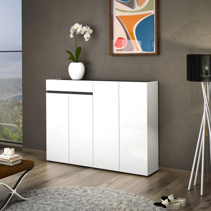 Scarpiera mobile con 4 ante e cassetto bianco lucido decoro ardesia cm 160x34x118h