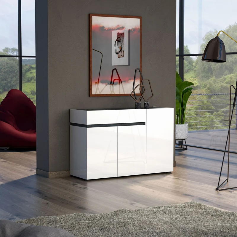 Mobile living moderno 3 ante e cassetto bianco lucido inserti ardesia cm 120x42x80h