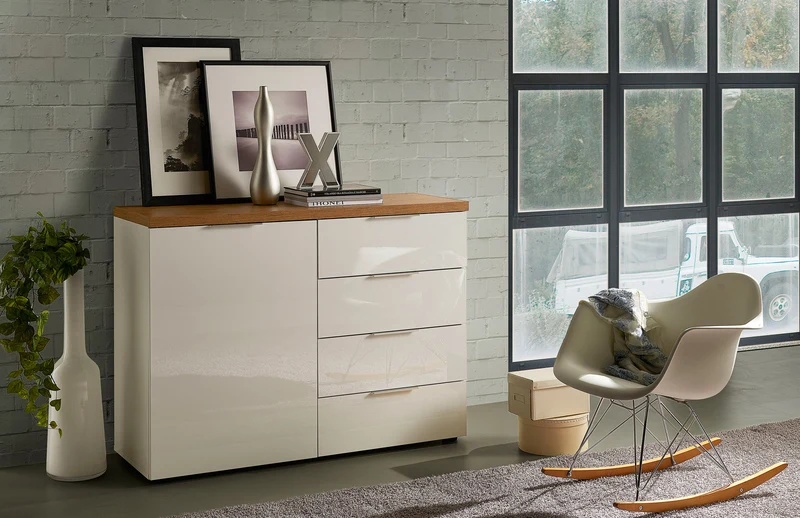 Credenza soggiorno moderna anta e cassetti bianco lucido top rovere cm 120x43x89h