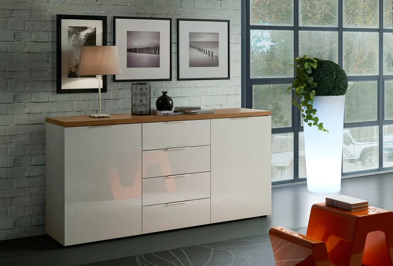 Credenza moderna 2 ante e 4 cassetti bianco lucido top rovere cm 180x43x89h