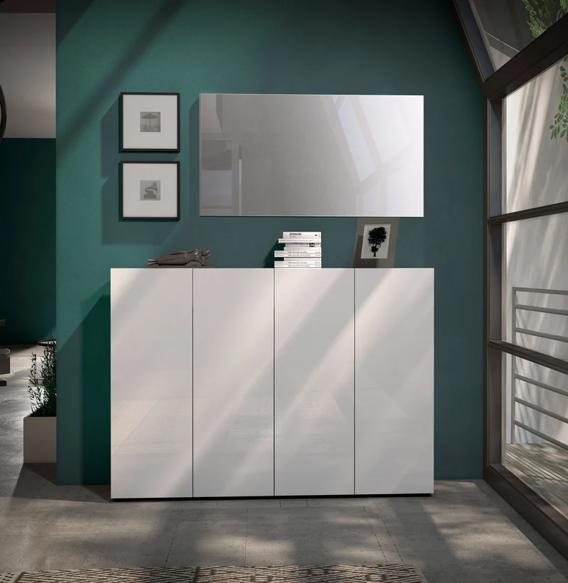 Mobile ingresso scarpiera 4 ante moderna colore bianco lucido cm 160x34x114h