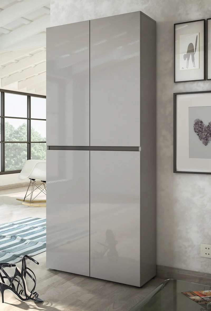 Armadio scarpiera 4 ante moderna da ingresso grigio lucido cm 80x34x200h