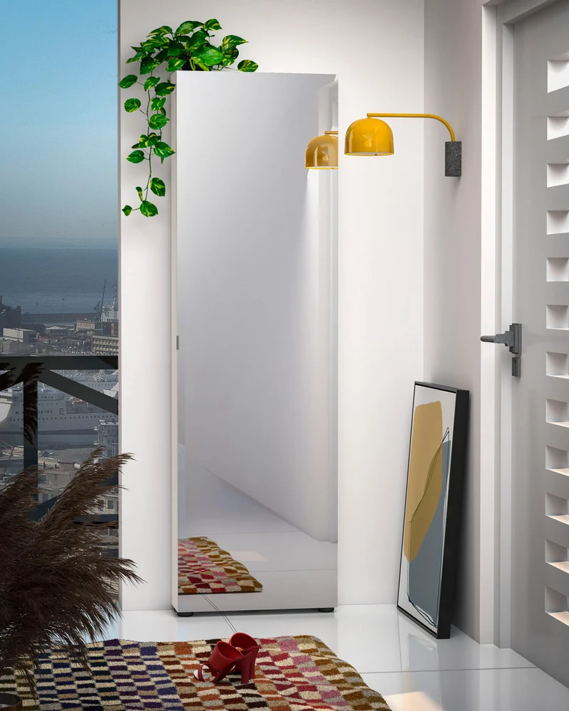 Scarpiera alta 1 anta con specchio design moderno bianco lucido cm 60x19x198h
