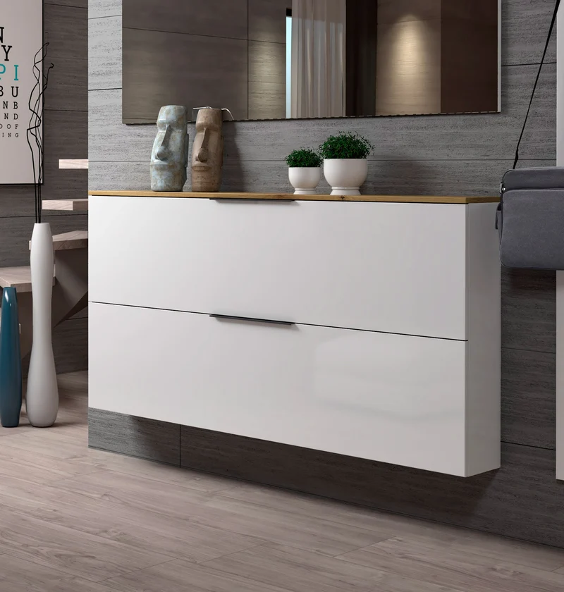 Scarpiera da parete sospesa moderna 2 ante bianco lucido top rovere cm 160x19x80h