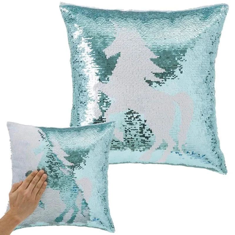 Cuscino Paillettes Federa Effetto Sirena Doppio Colore Unicorno 40x40cm Divano