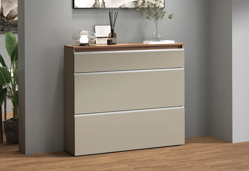 Scarpiera salvaspazio con e ante a ribalta colore tortora e rovere cm 120x26x108h