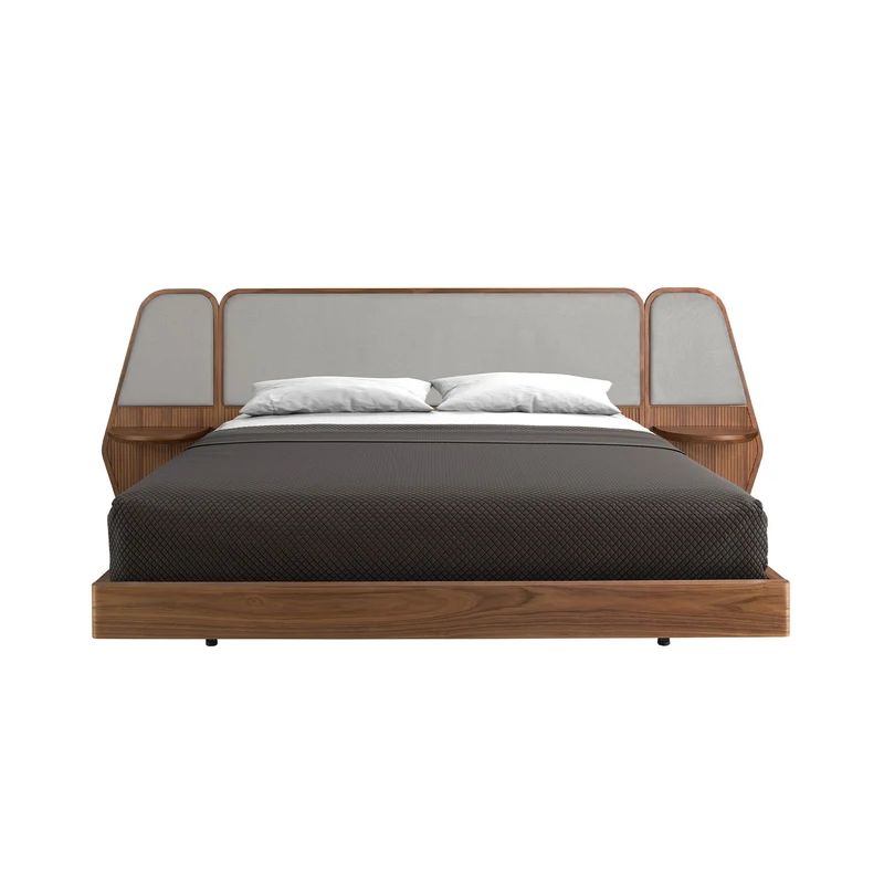 Letto in noce e tessuto grigio