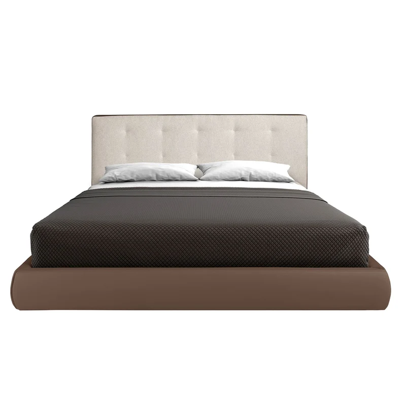 Letto imbottito in tessuto marrone ed ecopelle marrone