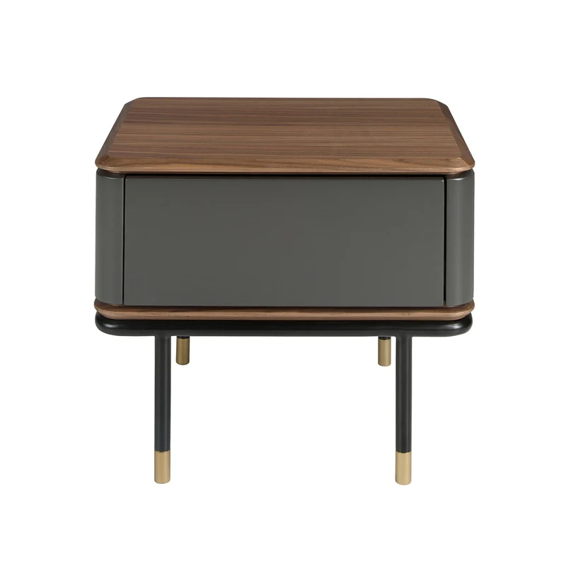 Comodino in legno grigio scuro opaco, acciaio nero e piano in noce