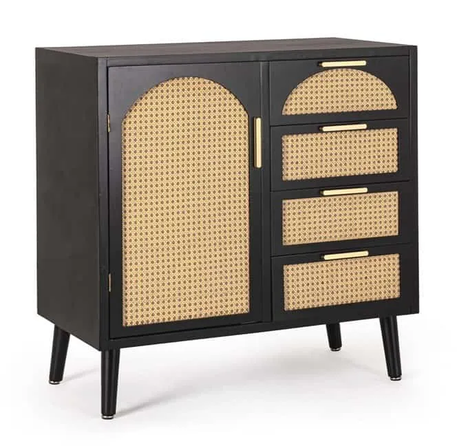 Cassettiera 1 anta 4 cassetti Arches nero rattan