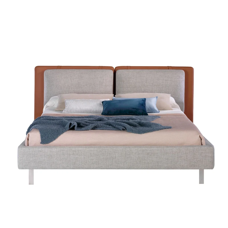 Letto in ecopelle marrone e tessuto grigio