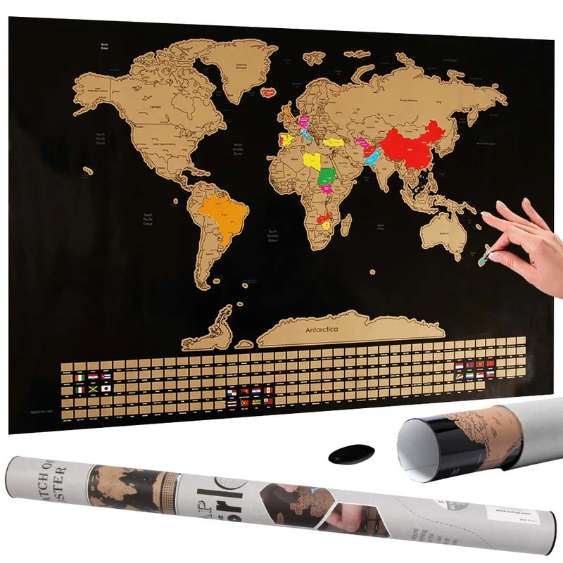 Poster Mappamondo da Grattare con Bandiere Cartina Mappa del Mondo 80x60 Nero