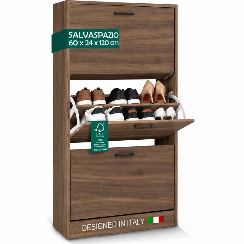 Scarpiera 3 Ante Ripiani Doppia Profondità in Melamina 60x24x120cm Colore Noce